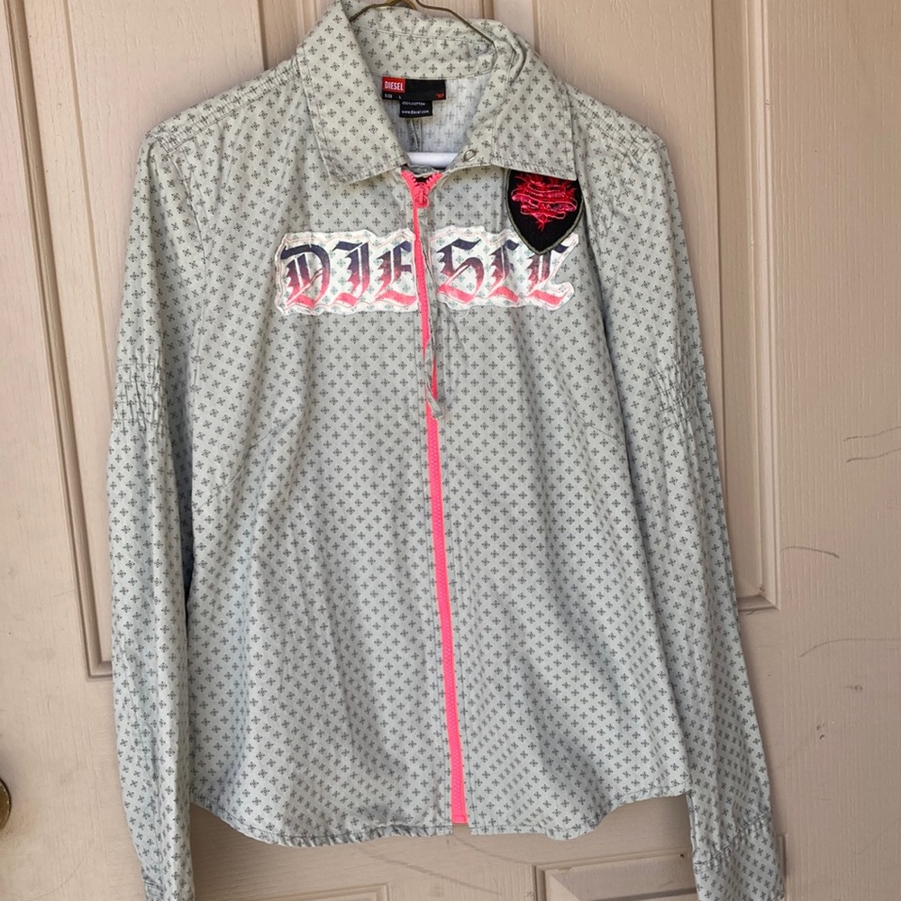 Diesel kids large long sleeve zip up collared shirt pink zipper